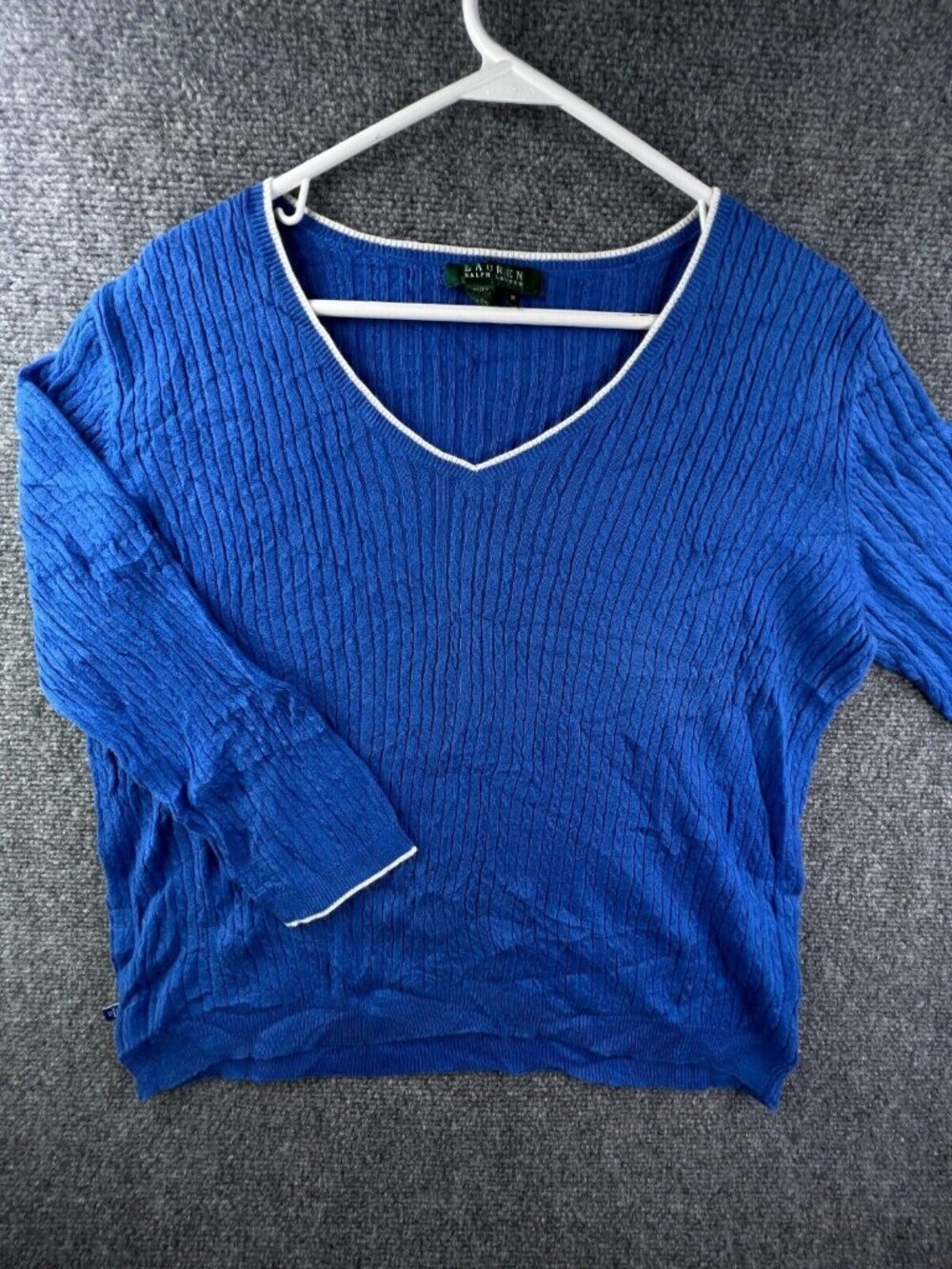 Lauren Ralph Lauren Women’s Sweater Blue White Medium Cotton Cable Knit Light
